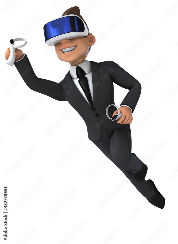 Fun 3D illustration of a cartoon businessman with a VR helmet Fun 3D illustration of a cartoon businessman with a VR helmet