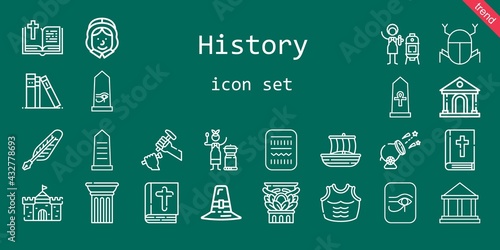 history icon set. line icon style. history related icons such as bible, egypt, castle, cannon, column, vertical, quill, sculpture, pilgrim, trireme, armor, library, museum, mongolian