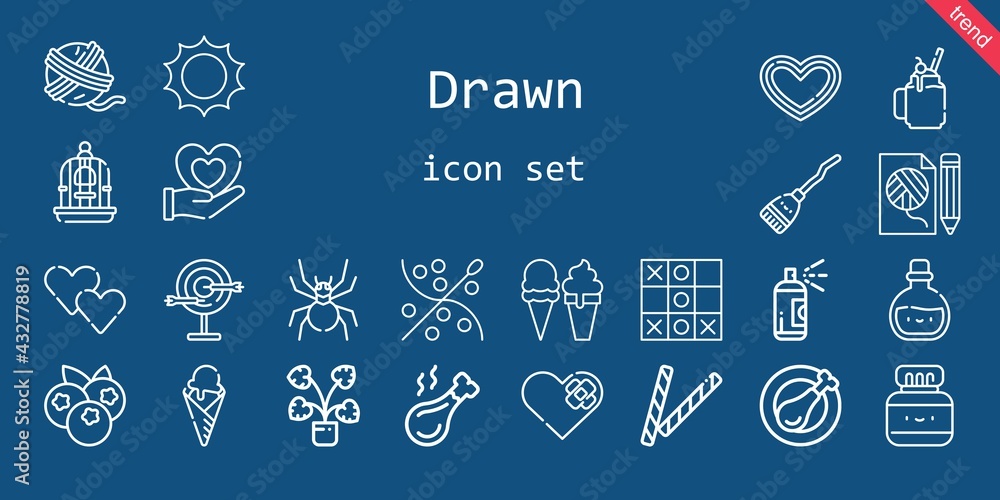 drawn icon set. line icon style. drawn related icons such as smoothie, potion, blueberries, broom, paint, bird cage, decorative, yarn ball, sun, heart, dart board, ice cream, tic tac toe, chinese ink