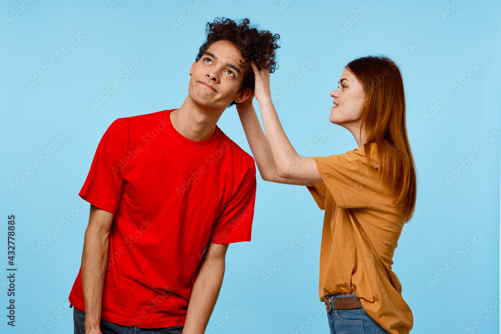 cheerful young couple fashion modern style communication studio