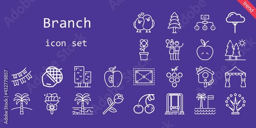 branch icon set. line icon style. branch related icons such as cherry, pine, hierarchical structure, birch, tree, bouquet, grape, acorn, trees, garlands, flower, palm tree, apple, expand, swing