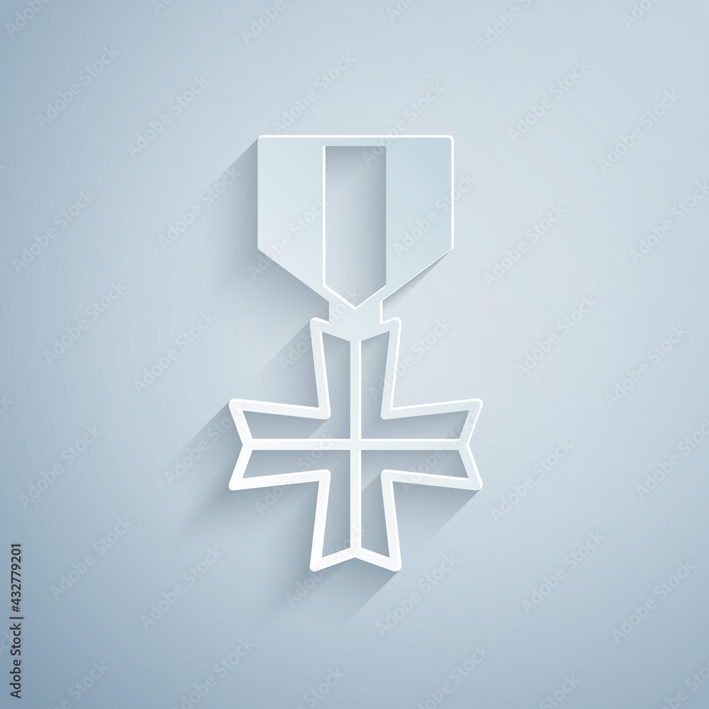 Paper cut Military reward medal icon isolated on grey background. Army sign. Paper art style. Vector