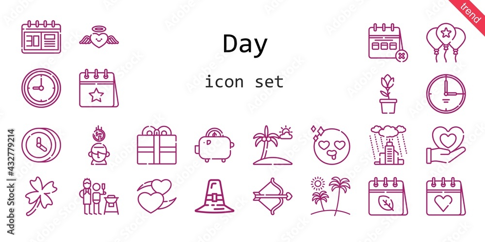 day icon set. line icon style. day related icons such as calendar, rain, father and son, balloon, clover, pilgrim, clock, tulip, heart, cupid, saving, in love, beach, time, savings, present,