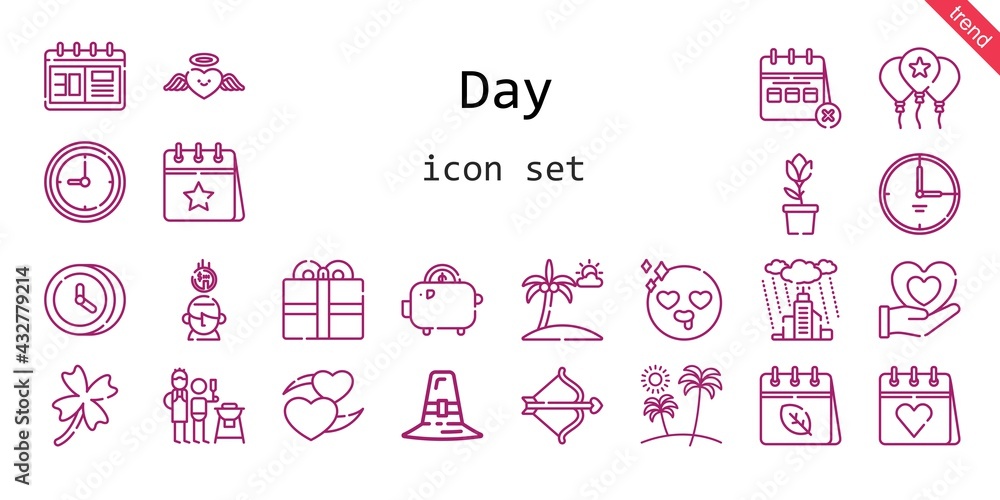 day icon set. line icon style. day related icons such as calendar, rain, father and son, balloon, clover, pilgrim, clock, tulip, heart, cupid, saving, in love, beach, time, savings, present, day icon set. line icon style. day related icons such as calendar, rain, father and son, balloon, clover, pilgrim, clock, tulip, heart, cupid, saving, in love, beach, time, savings, present,