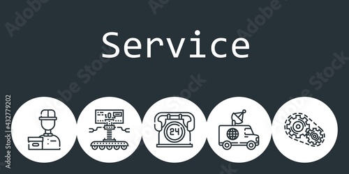 service background concept with service icons. Icons related robot, van, delivery courier, 24 hours, setting