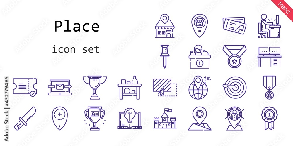 place icon set. line icon style. place related icons such as knife, castle, ticket, pin, desk, medal, location, drag, placeholder, trophy, laptop, shelf,