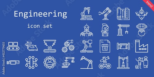 engineering icon set. line icon style. engineering related icons such as conveyor, factory, settings, crane, belt, heater, robot, blueprint, helmet, electronic, iron, pipe, industrial robot
