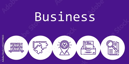 business background concept with business icons. Icons related puzzle, placeholder, stock, inbox, observe