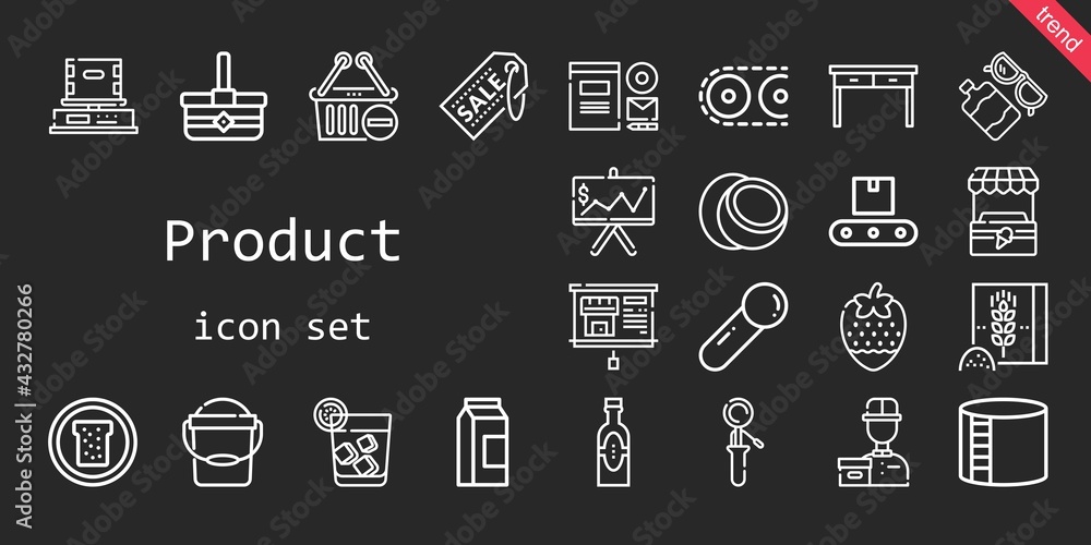 product icon set. line icon style. product related icons such as conveyor, sun lotion, basket, bread, scoop, delivery courier, branding, strawberry, milk, box, shopping basket, products, coconut