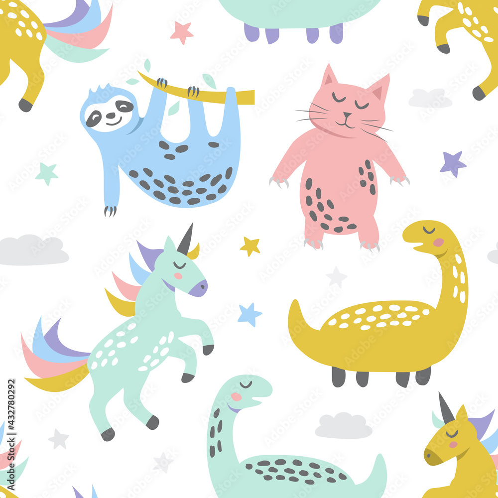 Fototapeta premium Childish seamless pattern with cute cat sloth unicorn and dinosaur. Creative texture for fabric, textile