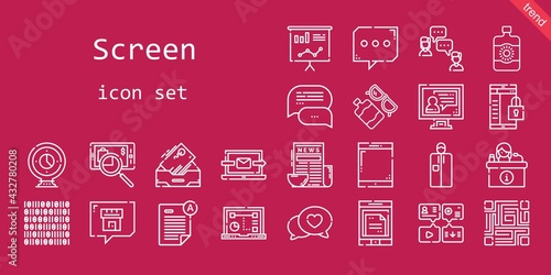 screen icon set. line icon style. screen related icons such as news, sun lotion, smartphone, searching, portable, laptop, message, exam, tablet, video call, webcam, qr code, chat, desk, binary code