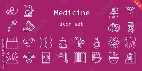 medicine icon set. line icon style. medicine related icons such as needles, pills, test tube, death, mortar, syrup, ambulance, eyedropper, fertilizer, trial, cotton swab, tampon, radiator, bones