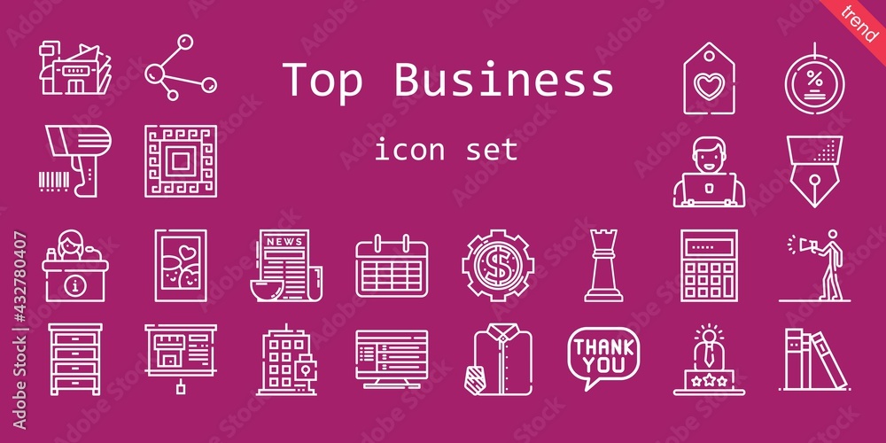 top business icon set. line icon style. top business related icons such as news, calendar, scanning, mall, pattern, drawer, suit and tie, discount, calculating, advertising top business icon set. line icon style. top business related icons such as news, calendar, scanning, mall, pattern, drawer, suit and tie, discount, calculating, advertising