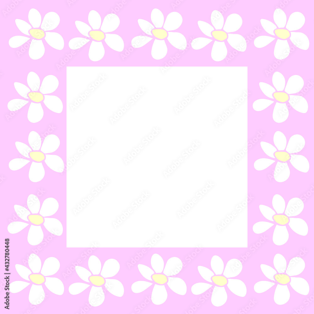 Vector frame, border with flowers in flat style. Cute simple primitive summer background, decoration