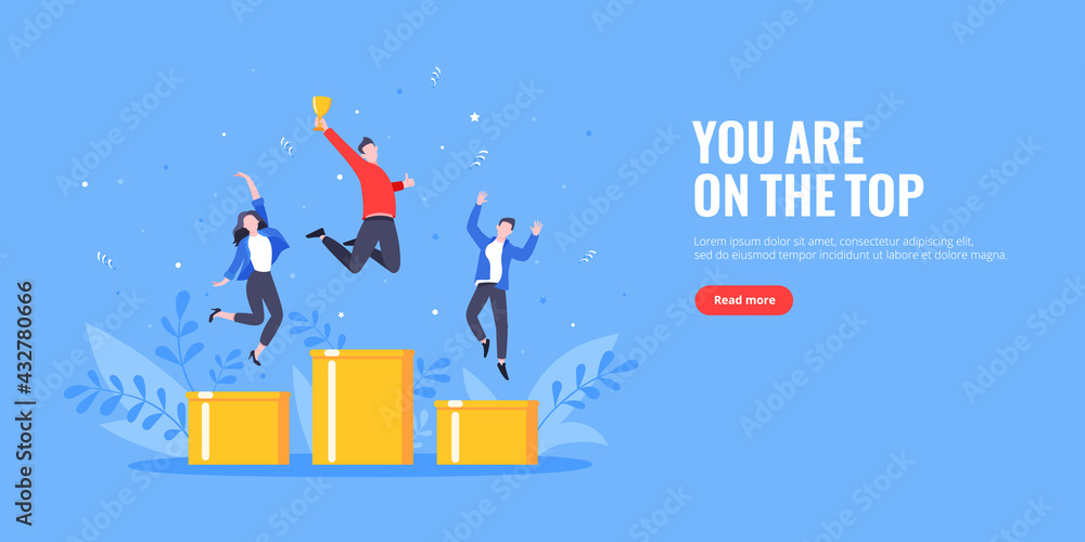 People standing on the podium rank first three places, jumps in the air with trophy cap