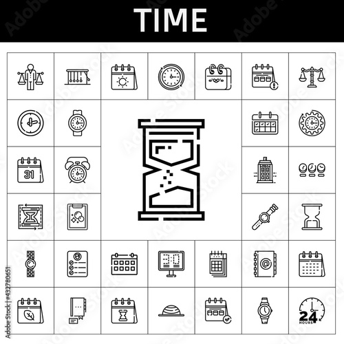 time icon set. line icon style. time related icons such as calendar, police box, alarm clock, wall clock, clock, agenda, newtons cradle, task, balance, watch, 24 hours, hourglass