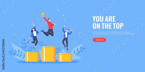 People standing on the podium rank first three places, jumps in the air with trophy cap. Employee recognition and competition award winner business concept flat style design vector illustration.