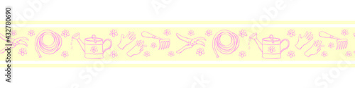 Edging, ribbon, border with outline flowers and garden equipments. Vector seamless pattern, ornament, decorative element, decoration with tools gardening in doodle style