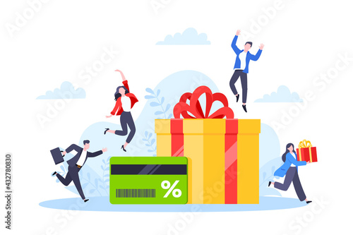 Get loyalty card and customer service business concept flat design vector illustration. Earn loyalty program points and get online reward and gifts. Tiny people with big card and gift box.
