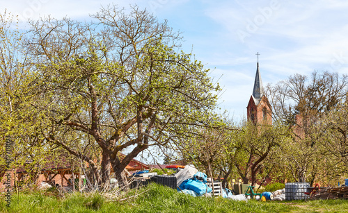 Fotografering Rural landscape in the spring with with church tower in distance.