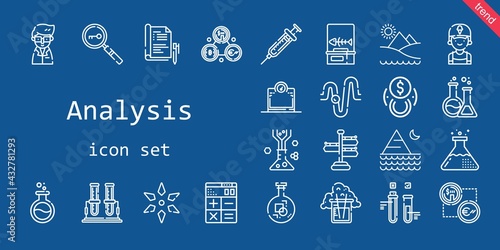 analysis icon set. line icon style. analysis related icons such as calculator, loupe, test tube, signpost, scientist, scale, clerk, syringe, science, fishbone, physics, pyramid, report, exchange