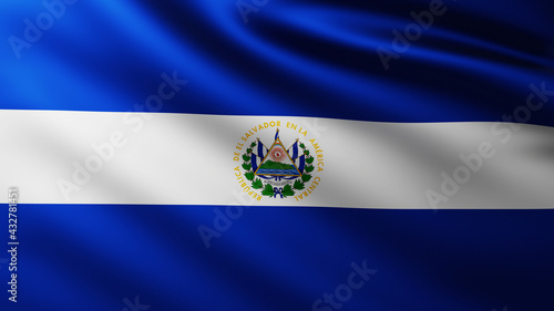 Large Flag of El Salvador Republic fullscreen background in the wind