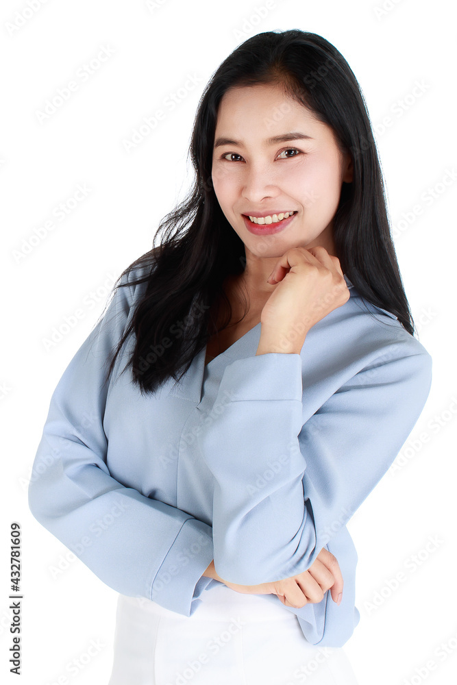 Close-up portrait of a smiling delightful elegant female in a casual light grey apparel with her arms crossed on chest looking at camera on white background. Close-up portrait of a smiling delightful elegant female in a casual light grey apparel with her arms crossed on chest looking at camera on white background.