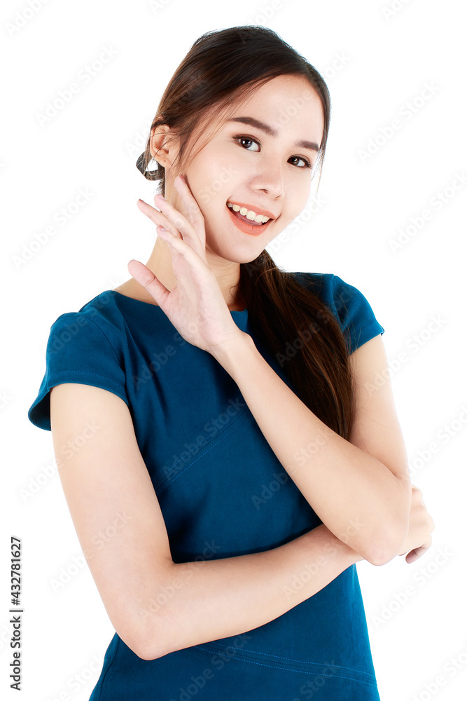 Portrait of a natural attractive young asian woman wearing a nice casual dress smiling broadly while touching on her soft cheek for a model pose, looking at the camera on a white background. Portrait of a natural attractive young asian woman wearing a nice casual dress smiling broadly while touching on her soft cheek for a model pose, looking at the camera on a white background.