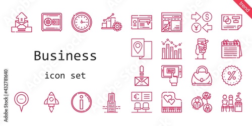 business icon set. line icon style. business related icons such as calendar, safebox, website, wall clock, hand bag, gps, analysis, building, mobile shopping, layout, planning