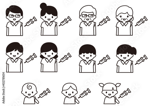 予防接種でワクチンを注射する様々な年齢の人物のイラスト