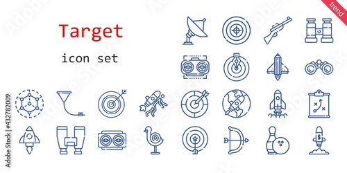 target icon set. line icon style. target related icons such as goal, modeling, funnel, binoculars, bowling, binocular, dart board, target, vision, radar, startup, darts, strategy, archery, rifle