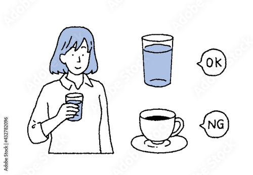 飲み物を手に持った女性のイラストレーション
