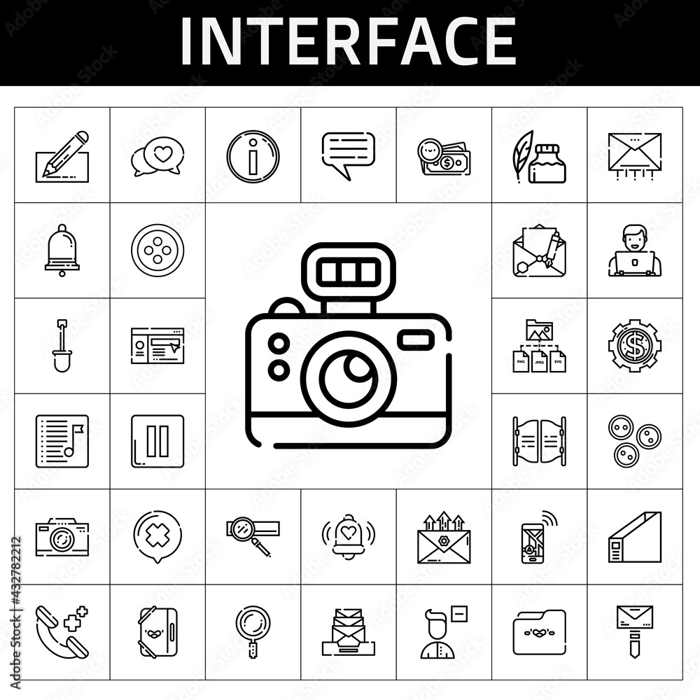 Obraz premium interface icon set. line icon style. interface related icons such as mail, ink pen, shovel, photo camera, button, notification, bar, navigation, search, playlist, phone call
