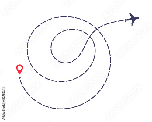 Airplane dashed line path flat style design vector illustration isolated on white background. The plane icon follow from start pin point to finish by dashed line. Airplane route trace flight air map.