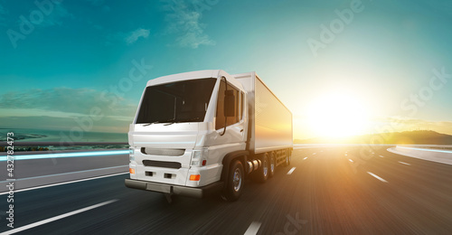 Wallpaper Mural Delivery truck run on the road with sunrise landscape, fast delivery,cargo logistic and freight shipping concept. 3d rendering. Torontodigital.ca