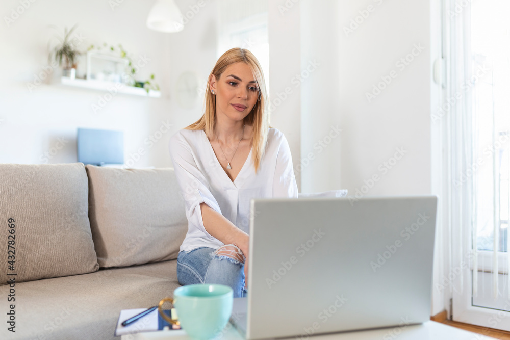 Nice beautiful lady with long hair work at the notebook sit down on the sofa at home - check on oline shops for cyber monday sales - technology woman concept for alternative office freelance Nice beautiful lady with long hair work at the notebook sit down on the sofa at home - check on oline shops for cyber monday sales - technology woman concept for alternative office freelance