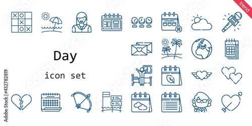 day icon set. line icon style. day related icons such as calendar, woman, broken heart, wake up, bow, clock, heart, cupid, journalist, cloudy, teacher, beach, earth, tic tac toe, love letter,