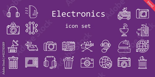 electronics icon set. line icon style. electronics related icons such as recorder, headphones, motherboard, satellite dish, trash, audio guide, electronic, iron, ironing, camera, internet, microwave