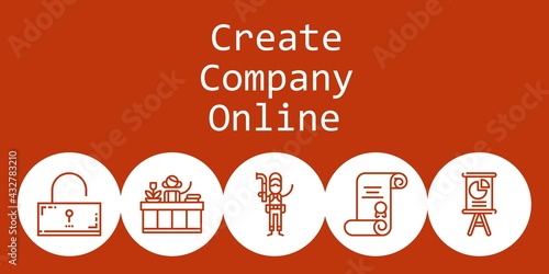 create company online background concept with create company online icons. Icons related presentation, plumber, receptionist, degree, unlocked