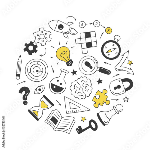 Puzzle and riddles. Set of isolated hand drawn objects. Crossword puzzle, Maze, Brain, Chess piece, Light bulb, labyrinth, gear, lock and key. Vector illustration in doodle style on white background.