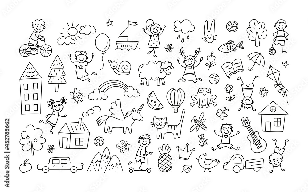A set of children drawings. Kid doodle. Children playing and jumping, painted houses, unicorn, cute cat and other black white elements. Vector illustration on white background. Editable stroke