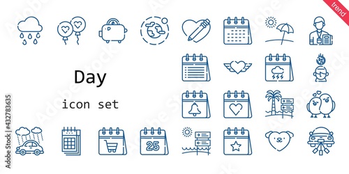 day icon set. line icon style. day related icons such as calendar, love, rain, balloon, raining, heart, wedding car, journalist, saving, environment, love birds, beach, savings,