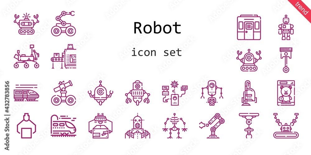 robot icon set. line icon style. robot related icons such as robot, mars rover, conveyor, vacuum cleaner, automotive, industrial robot, toy, train,