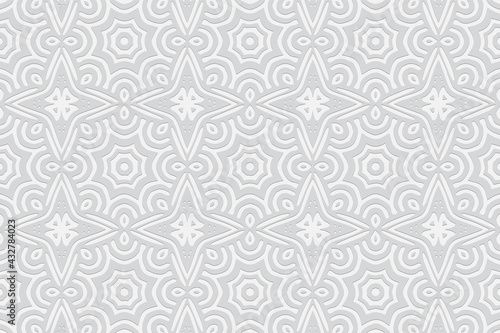 3d volumetric convex embossed geometric white background. Ethnic pattern in doodling style, handmade. Oriental ornament for wallpaper, stained glass, presentations, textiles, website.