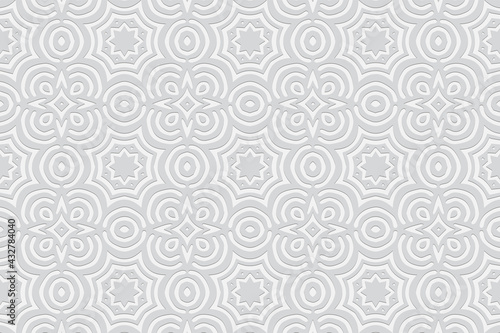 3d volumetric convex embossed geometric white background. Ethnic pattern in doodling style, handmade. Oriental decorative ornament for wallpaper, stained glass, presentations, textiles, website.