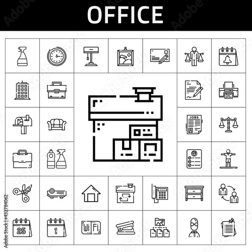 office icon set. line icon style. office related icons such as stapler remover, notes, wall clock, stretching, house, building, balance, projector, postcard, window cleaner, calendar