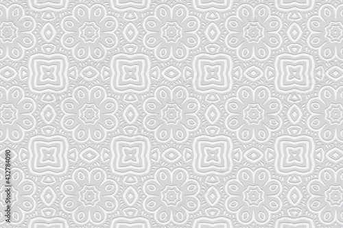 3d volumetric convex embossed geometric white background. Ethnic pattern in doodling style, handmade. Oriental floral ornament for wallpaper, stained glass, presentations, textiles, website.