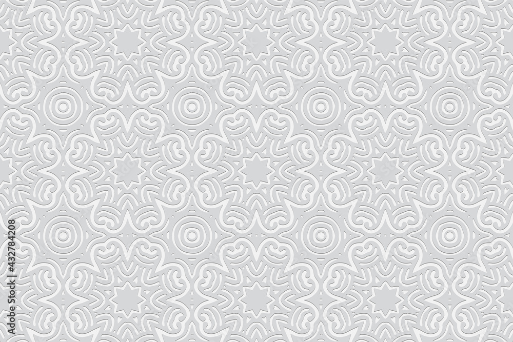 3d volumetric convex embossed geometric white background. Ethnic pattern in doodling style, handmade. Abstract floral ornament for wallpaper, stained glass, presentations, textiles, website.