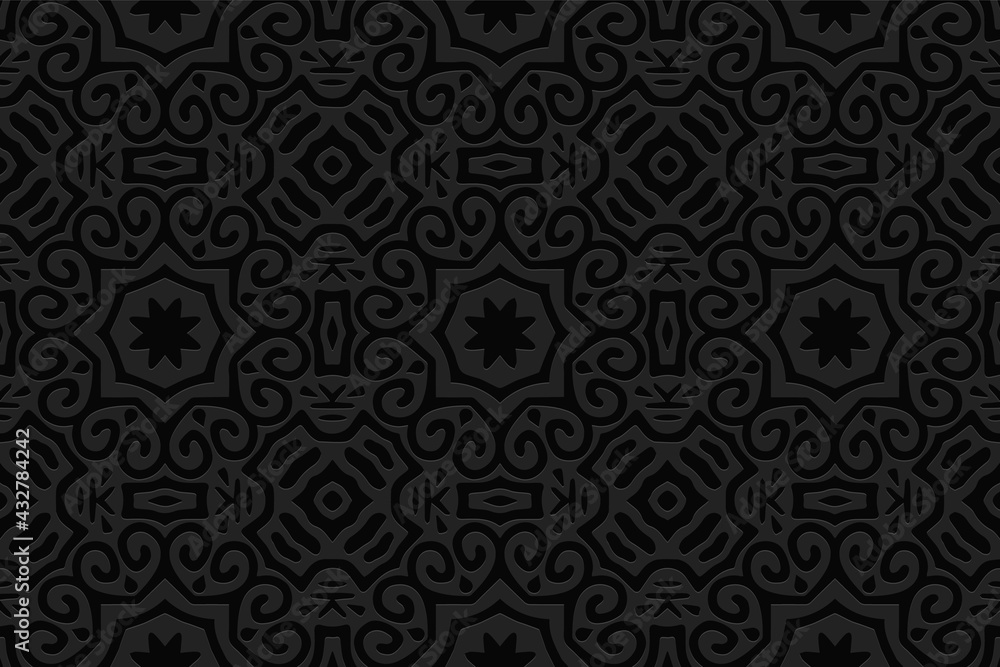 3d volumetric convex embossed geometric black background. Ethnic pattern in doodling style, handmade. Moroccan ornament for wallpaper, stained glass, presentations, textiles, website.