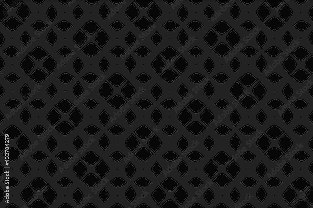 3d volumetric convex embossed geometric black background. Ethnic pattern in doodling style, handmade. Islamic unique ornament for wallpaper, stained glass, presentations, textiles, website.